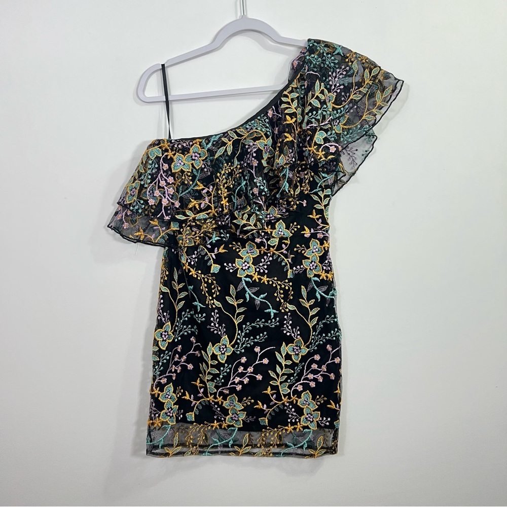 Dolly & Delicious Floral Jacquard One Shoulder Ruffle Mini Dress Womens 6
